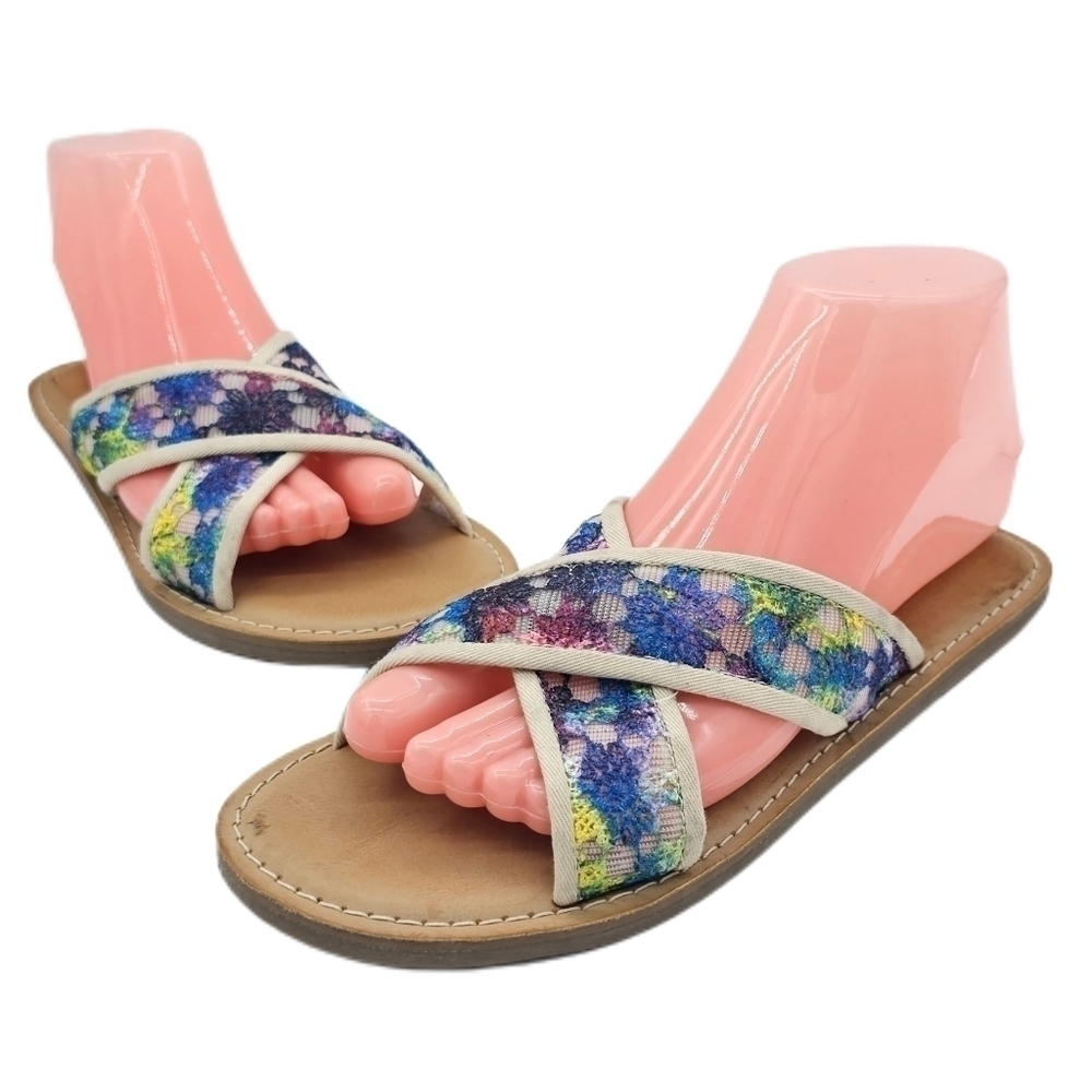 Toms Viv Multicolor Crochet Floral Criss Cross Strap Slide Sandals Size 7 NEW